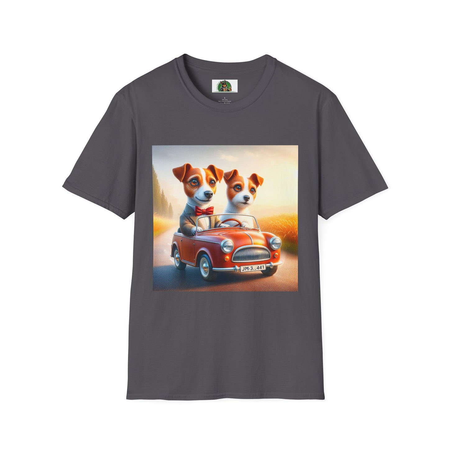 Wacky Jack Russell Puppy Couple Riding In Car T-Shirt Printify S Charcoal