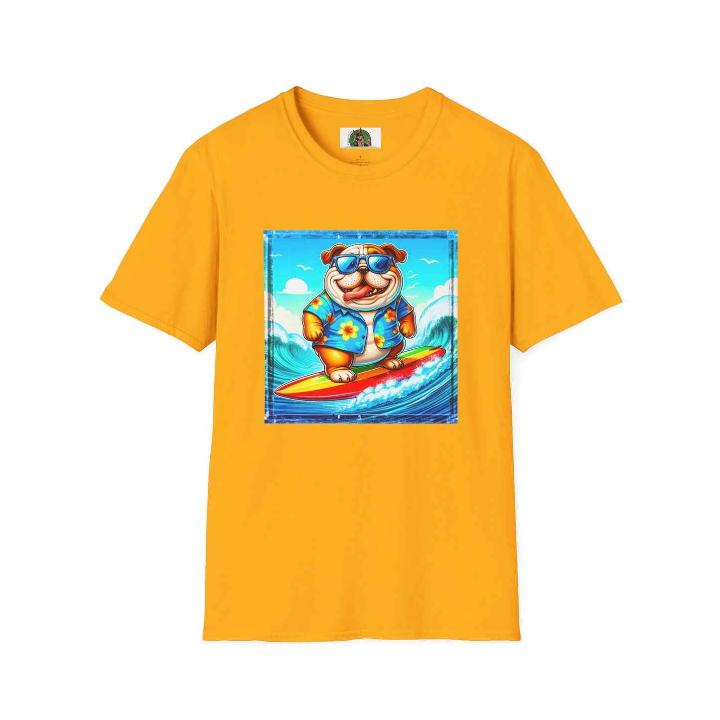 Bulldog surfing fun t shirt T-Shirt Printify S Gold