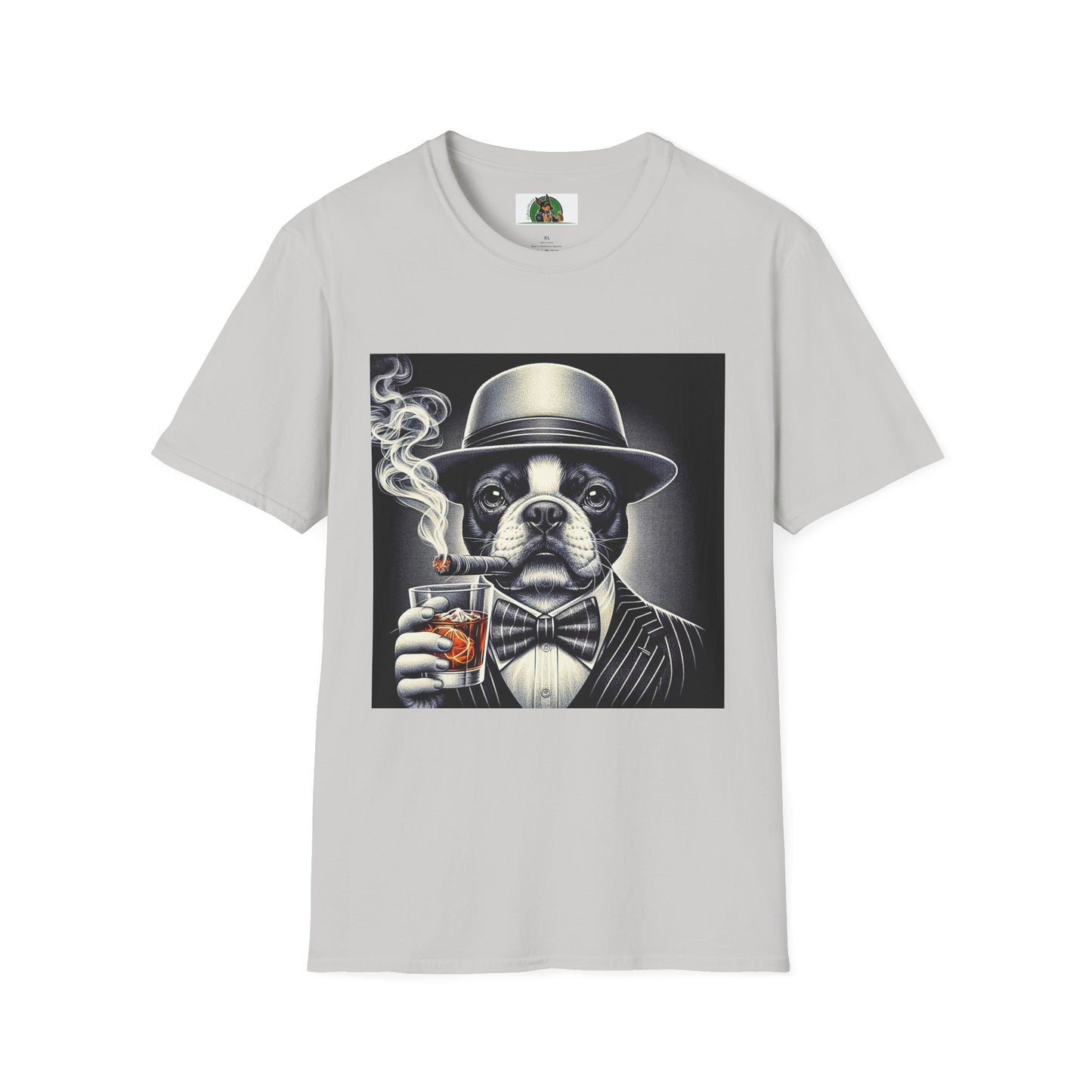 Boston Terrier Male Dog Smoking Cigar Drinking Whiskey T-Shirt Printify S Ice Grey