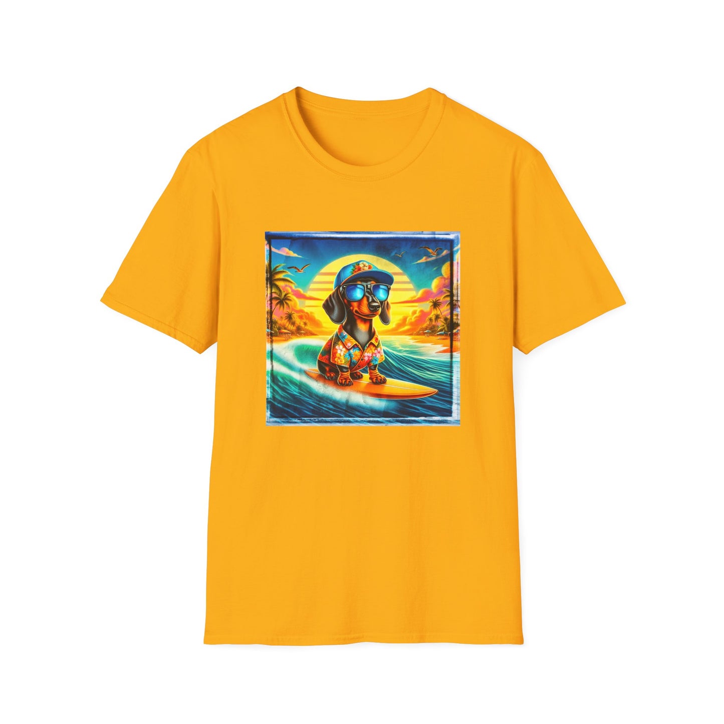 Dachshund surfing t shirt T-Shirt Printify S Gold