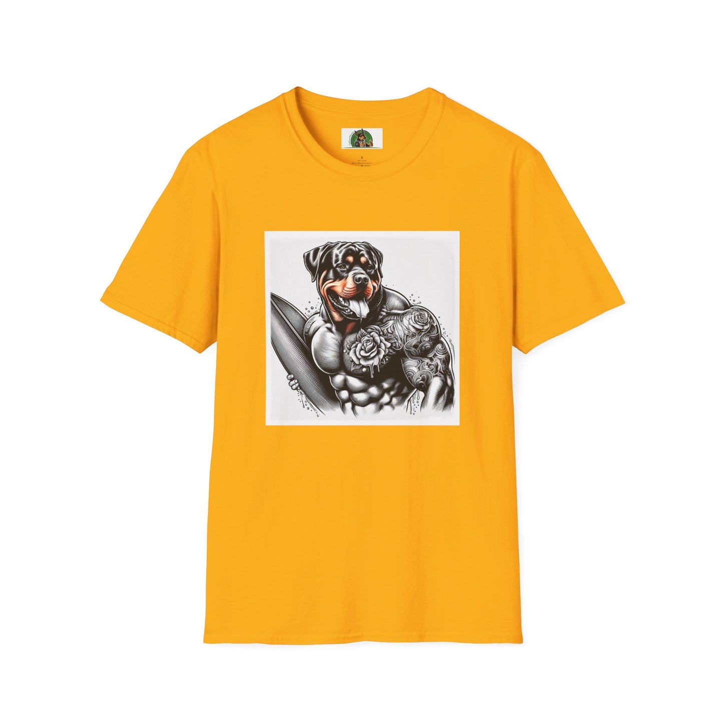 Rottweiler muscles surfer shirt T-Shirt Printify S Gold