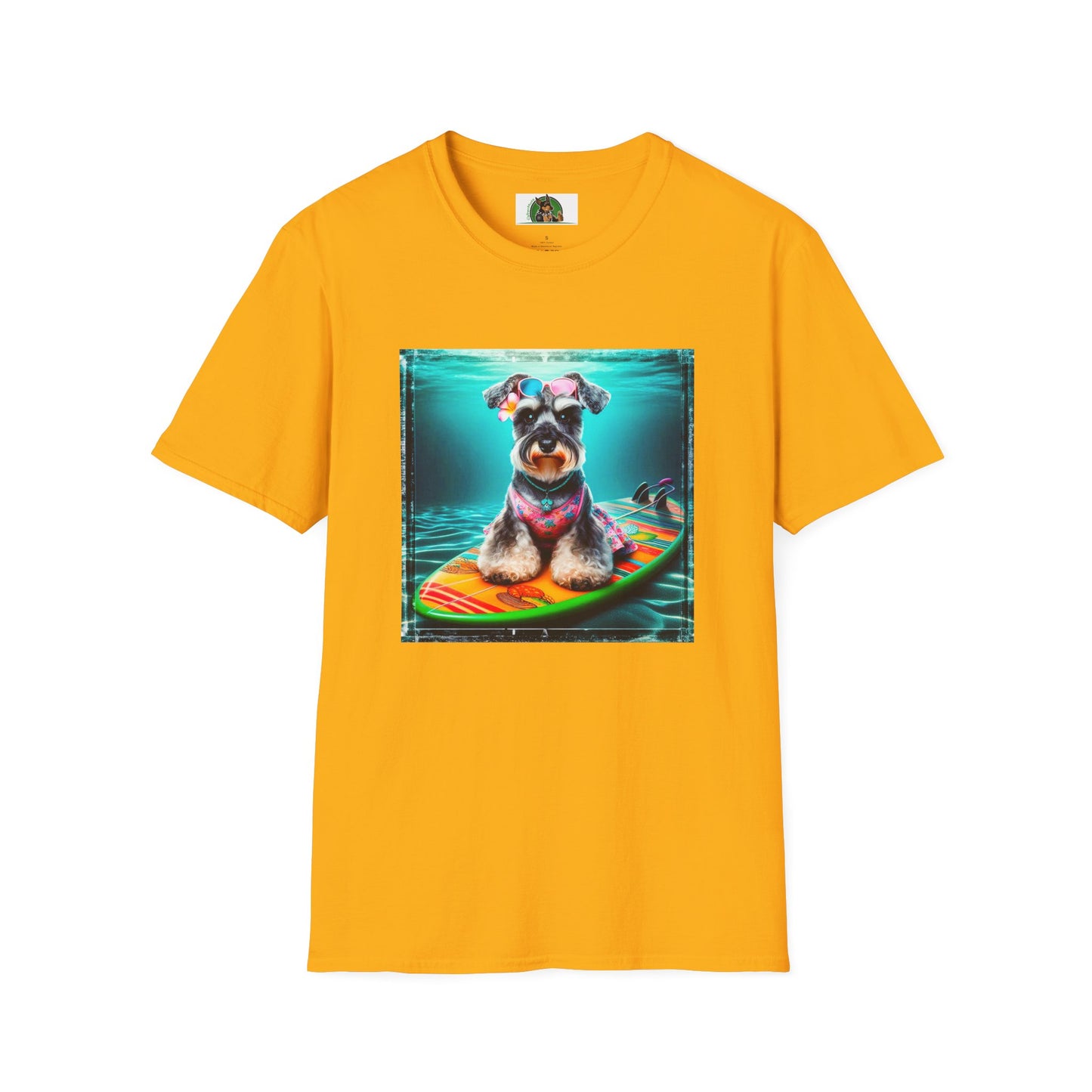 Miniature Schnauzer puppy surfing T-Shirt Printify S Gold