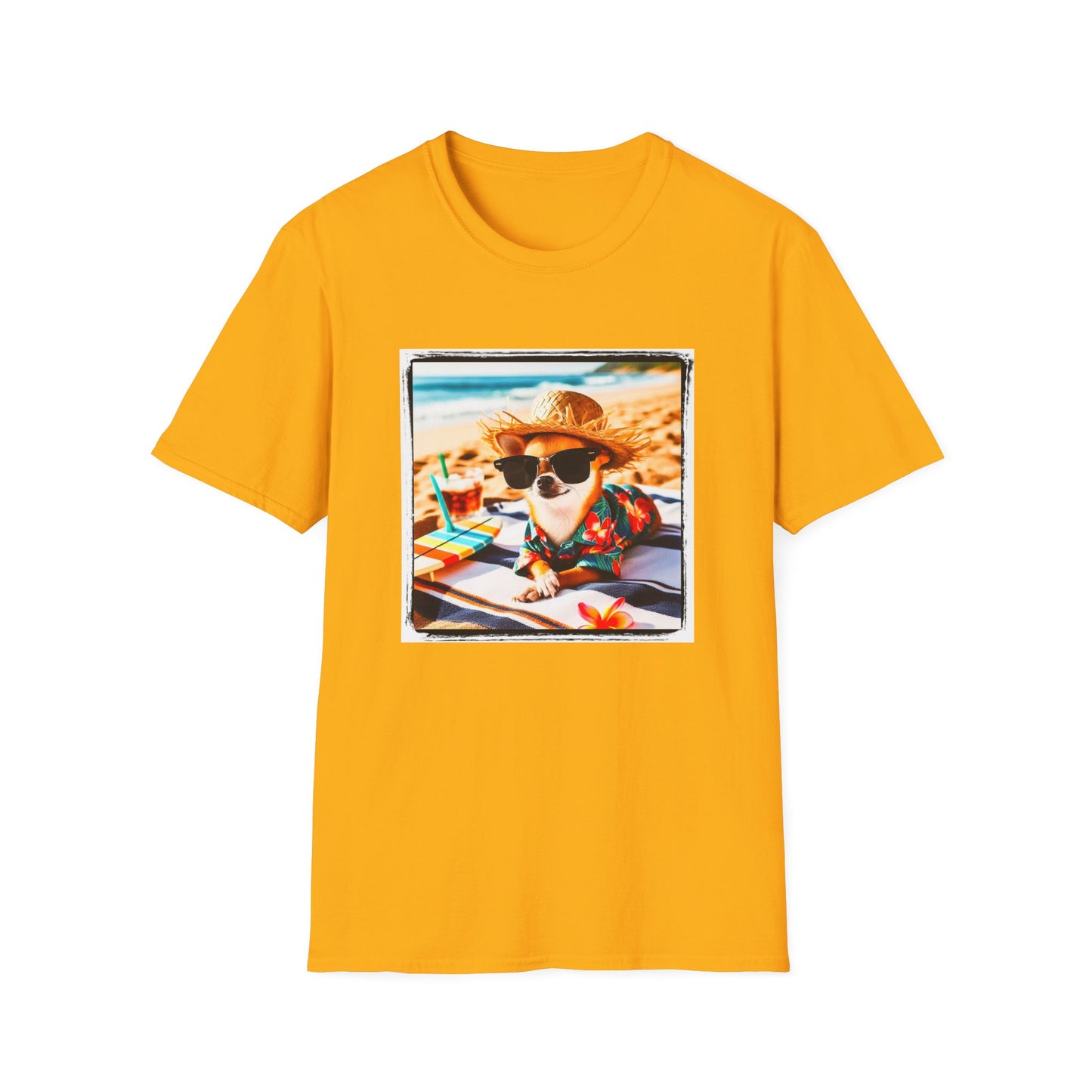 Chihuahua beach scene t shirt T-Shirt Printify S Gold