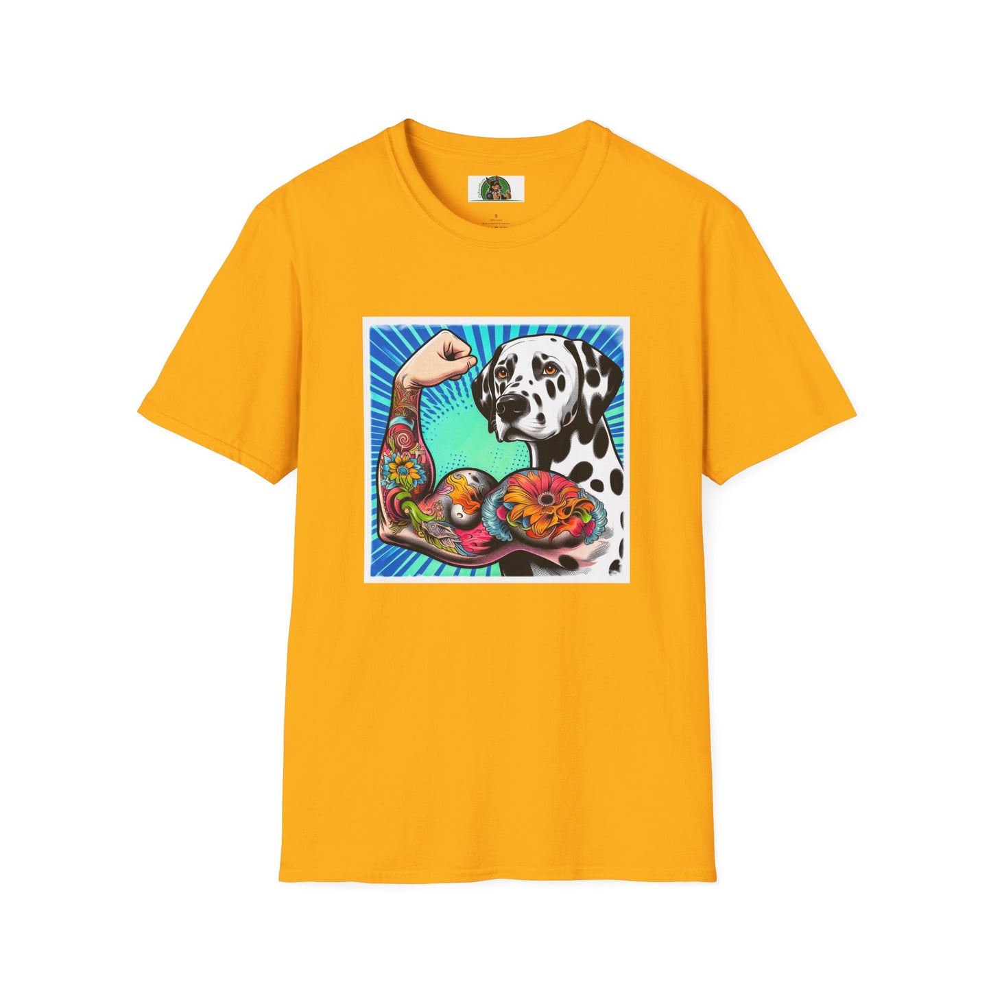 Dalmatian arm flexing t shirt T-Shirt Printify S Gold