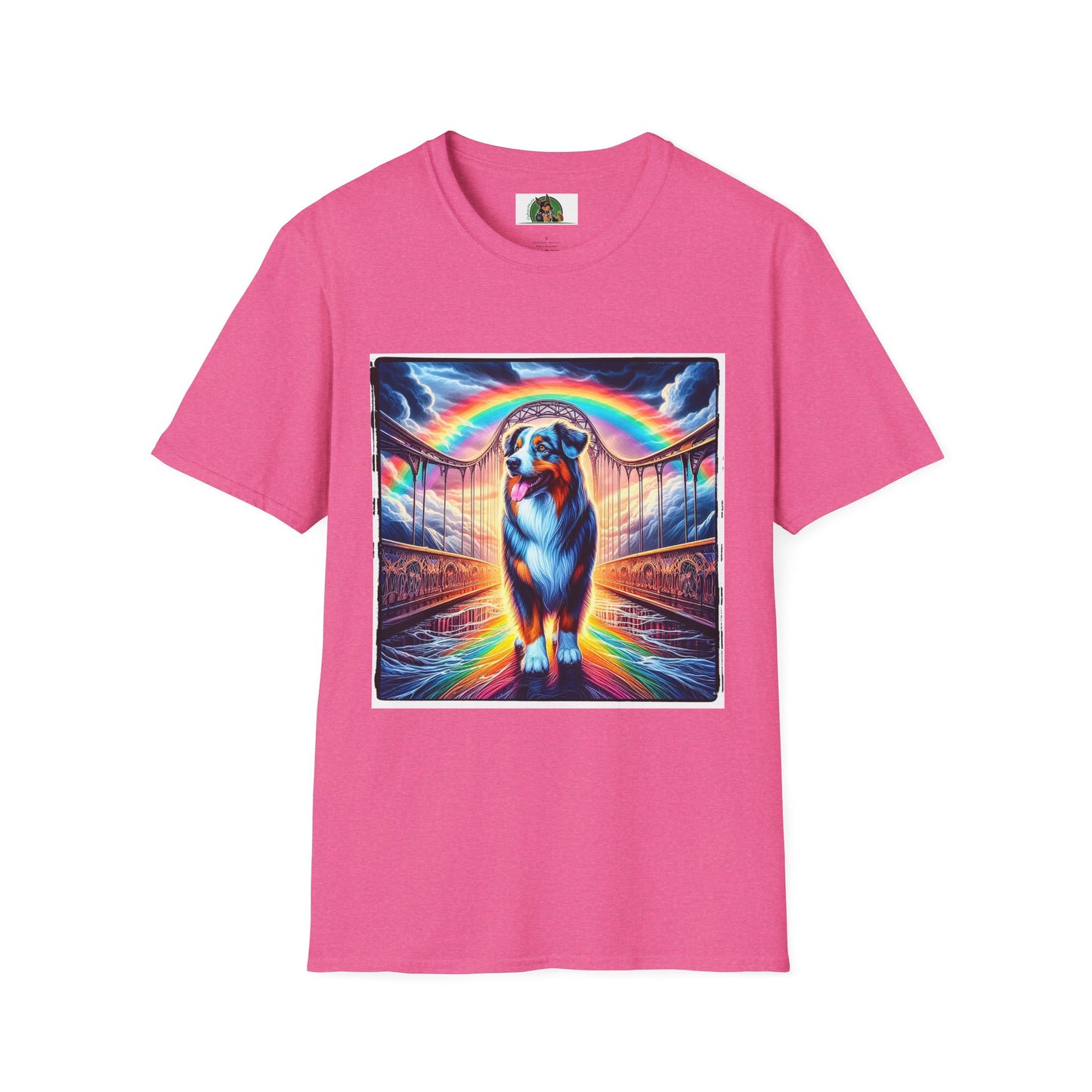 Australian Shepherd Walking Rainbow Bridge T-Shirt Printify S Heather Heliconia
