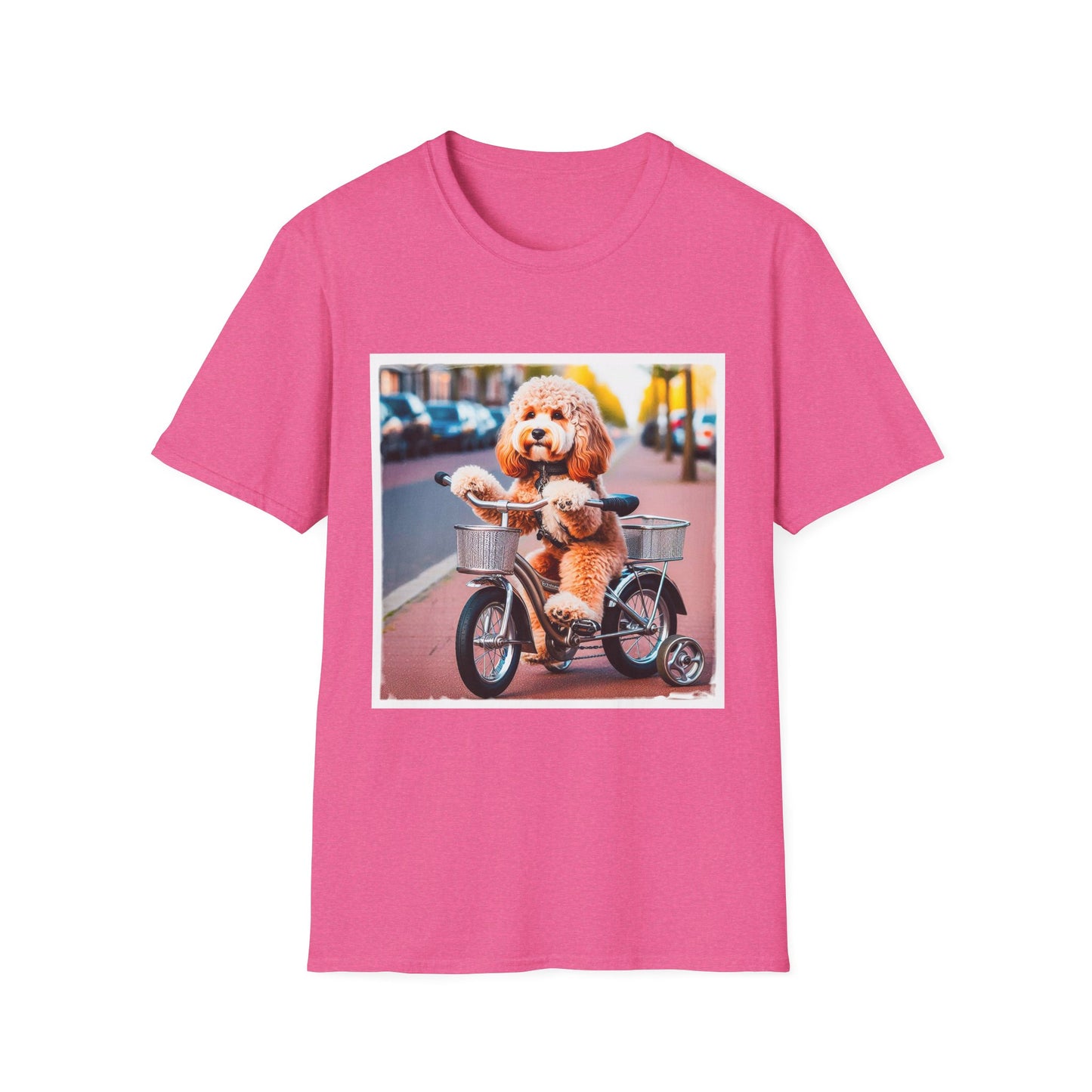 CockerPoo bike stroll t shirt T-Shirt Printify S Heather Heliconia