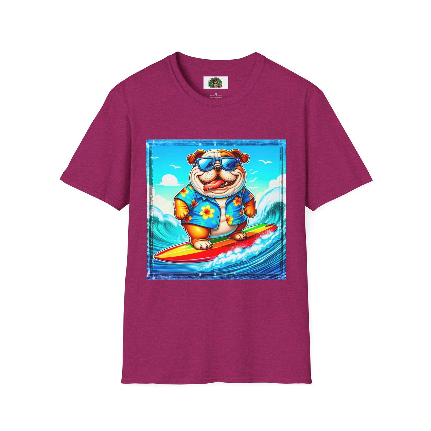 Bulldog surfing fun t shirt T-Shirt Printify S Antique Heliconia