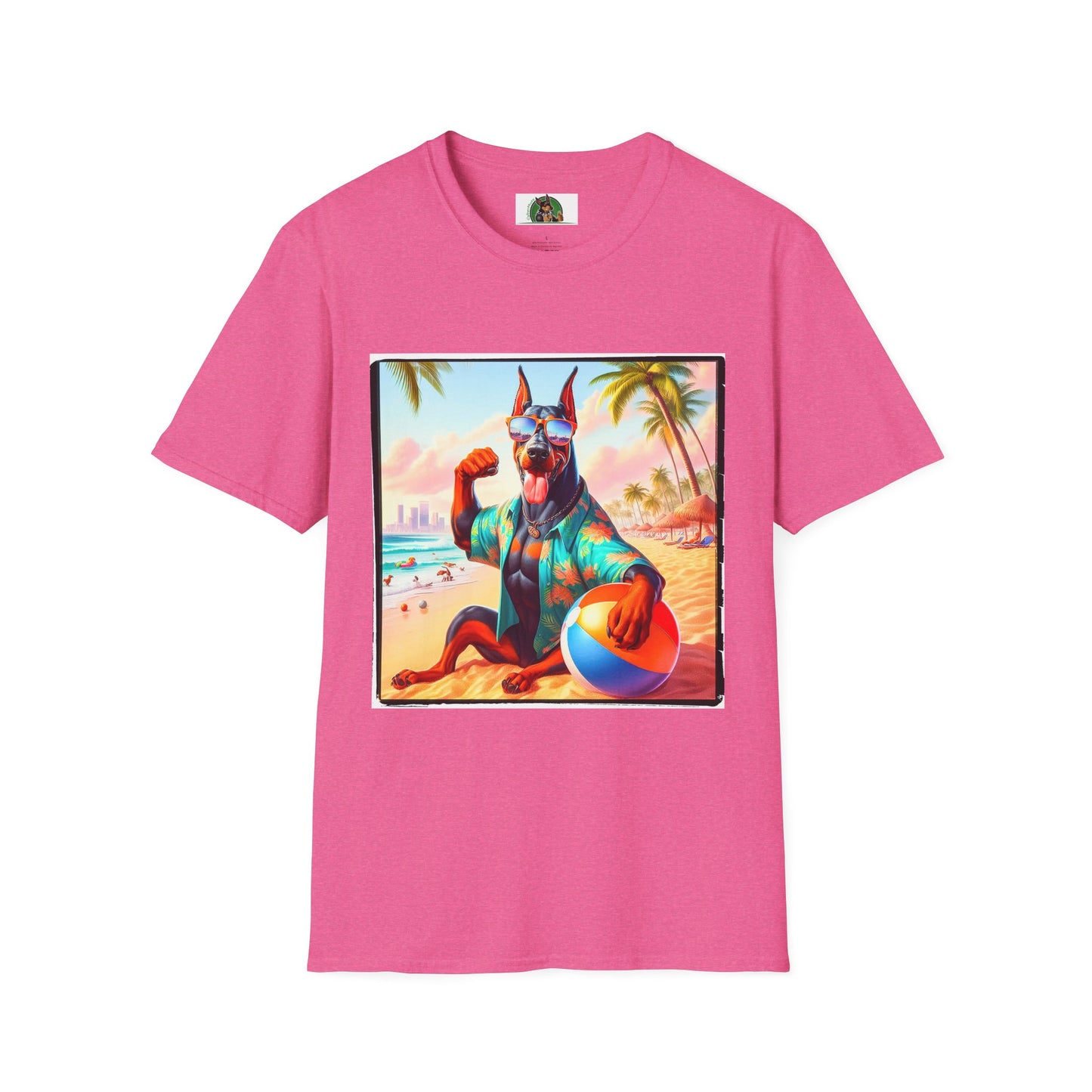Doberman beach hunk t shirt T-Shirt Printify S Heather Heliconia