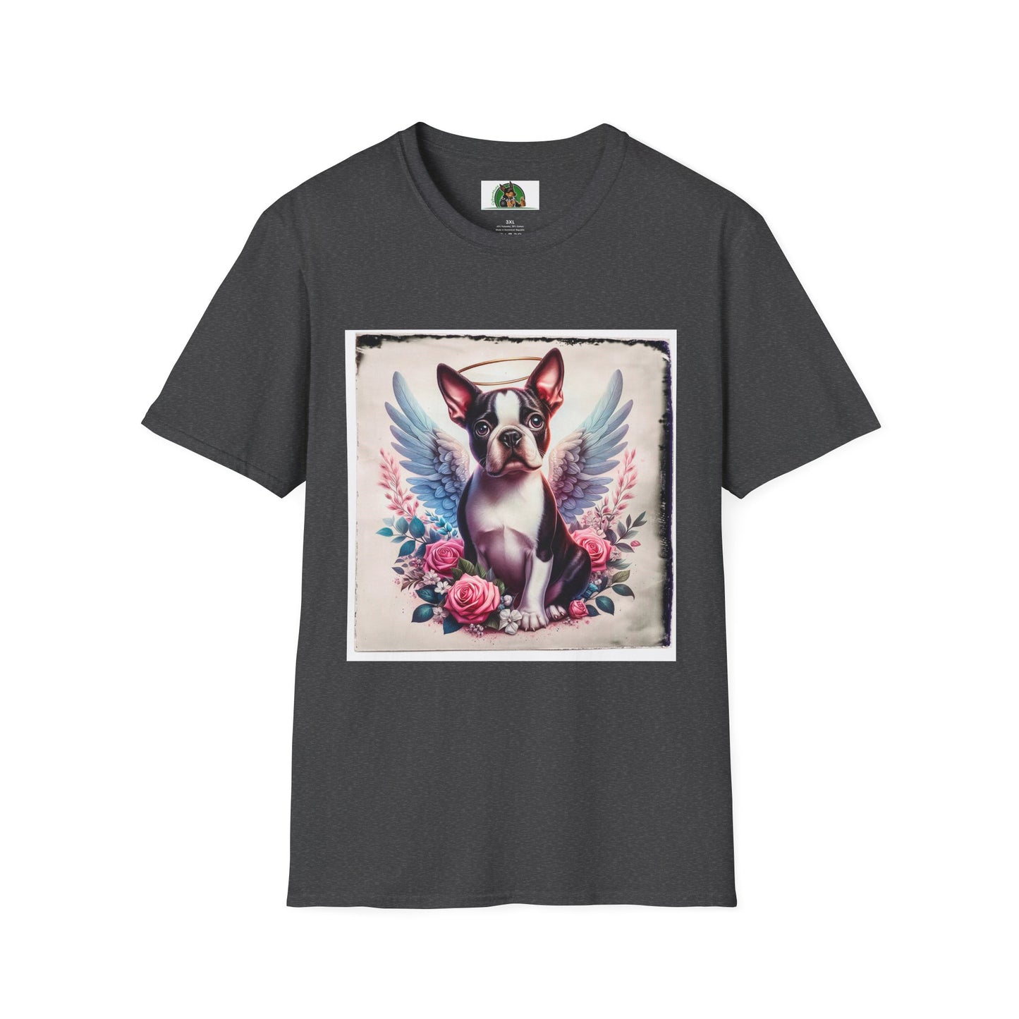 Boston Terrier Terrier Angel And Roses Tshirt T-Shirt Printify XS Dark Heather