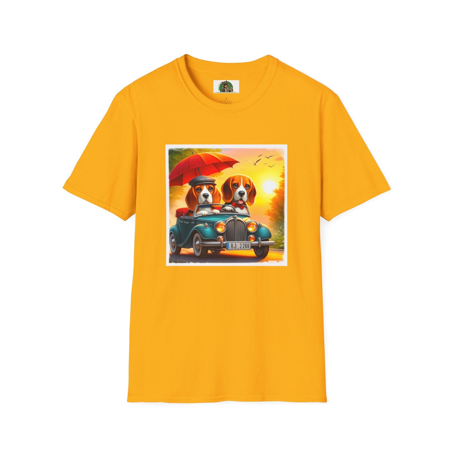 Wacky Beagle Couple In Tiny Car T-Shirt Printify S Gold