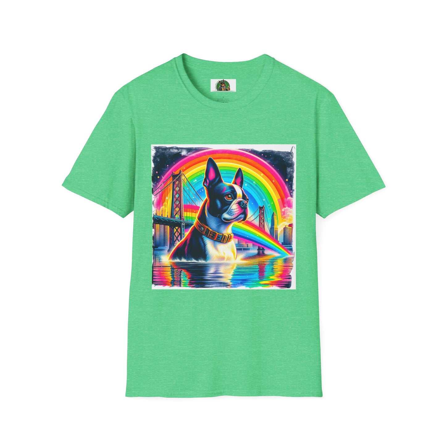 Boston Terrier Rainbow Bridge Dog At Beach T-Shirt Printify S Heather Irish Green