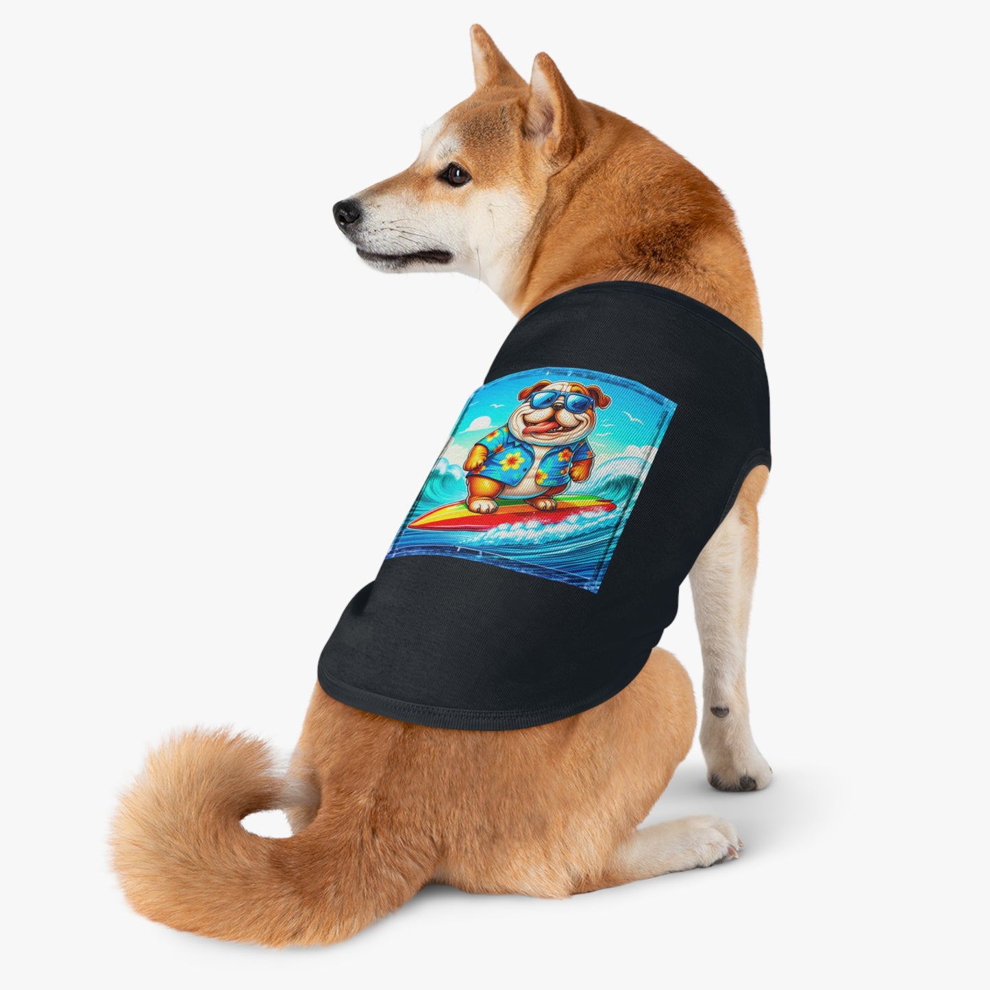 Pet Tank Top Bulldog surfing dog t shirt Pets Printify