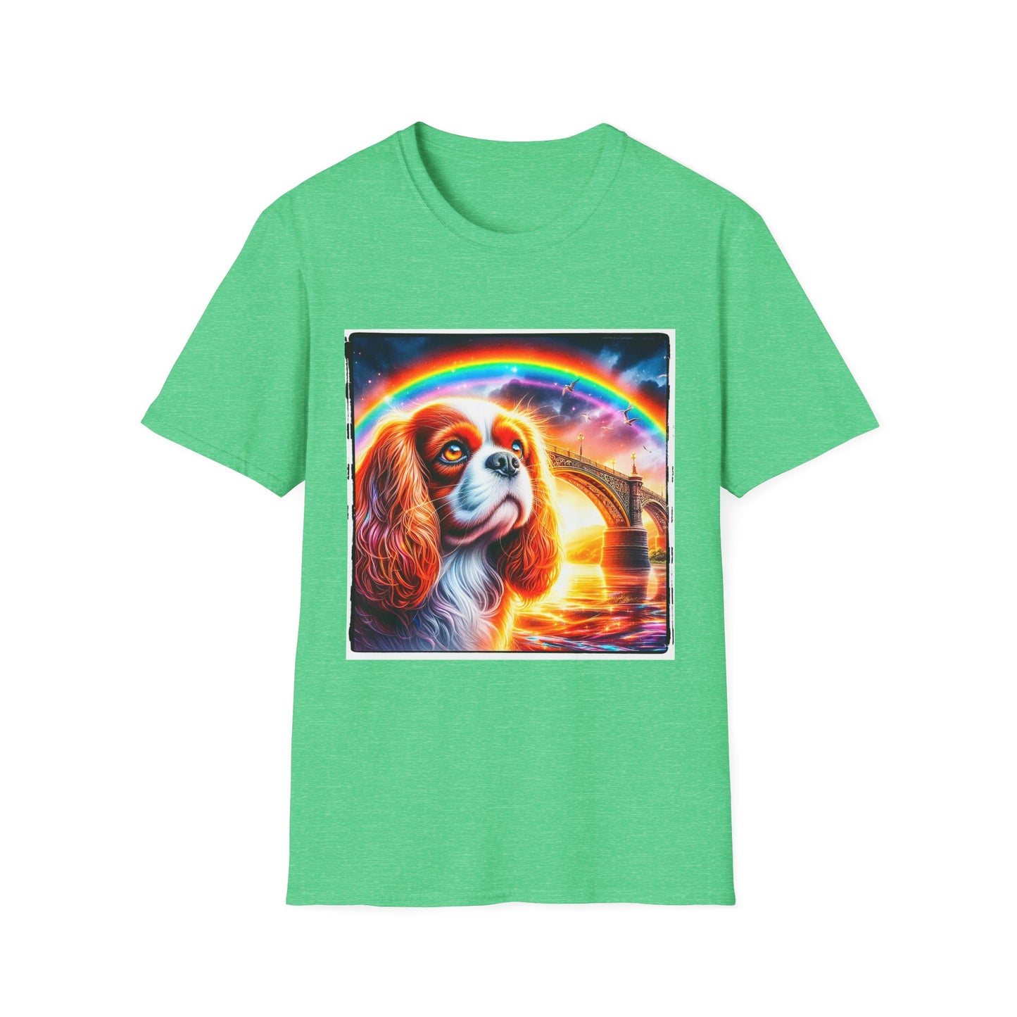 Cavalier King Charles Spaniel Rainbow Bridge TShirt T-Shirt Printify S Heather Irish Green