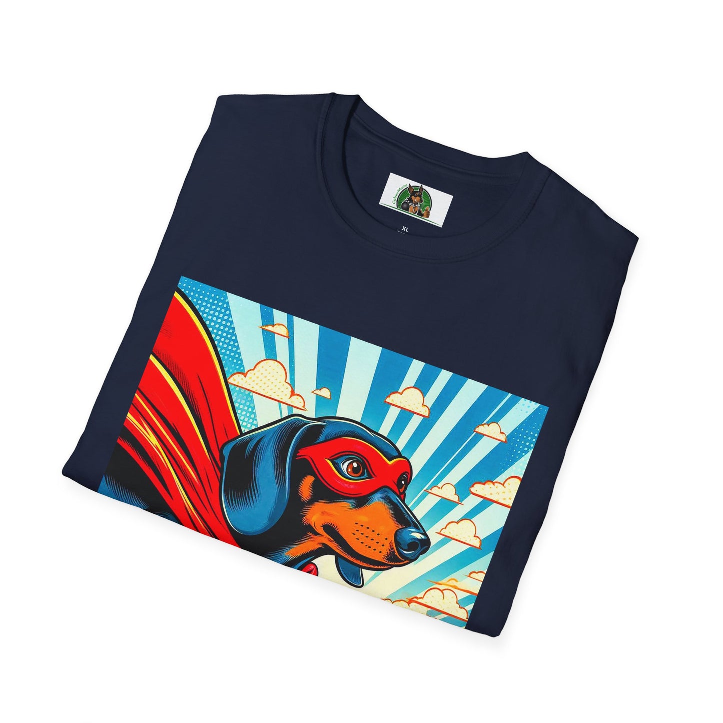 Dachshund flying superhero t shirt T-Shirt Printify