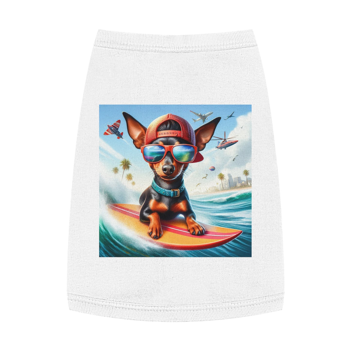 Min Pin Tank Tops surfer puppy dog Pets Printify M White