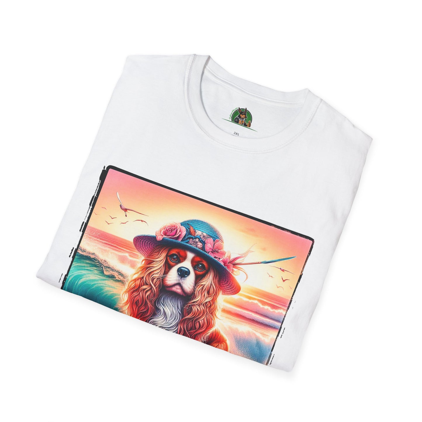 Cavalier King Charles Spaniel Female Surfing Dog With Summer Hat TShirt T-Shirt Printify