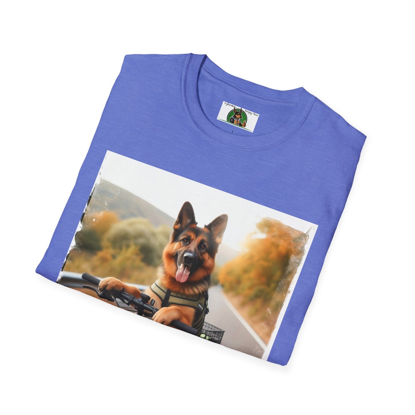 German Shepherd Dog Road Biking! Unisex Softstyle T-Shirt T-Shirt Printify