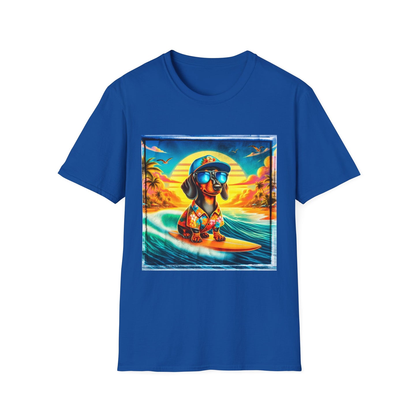 Dachshund surfing t shirt T-Shirt Printify XS Royal