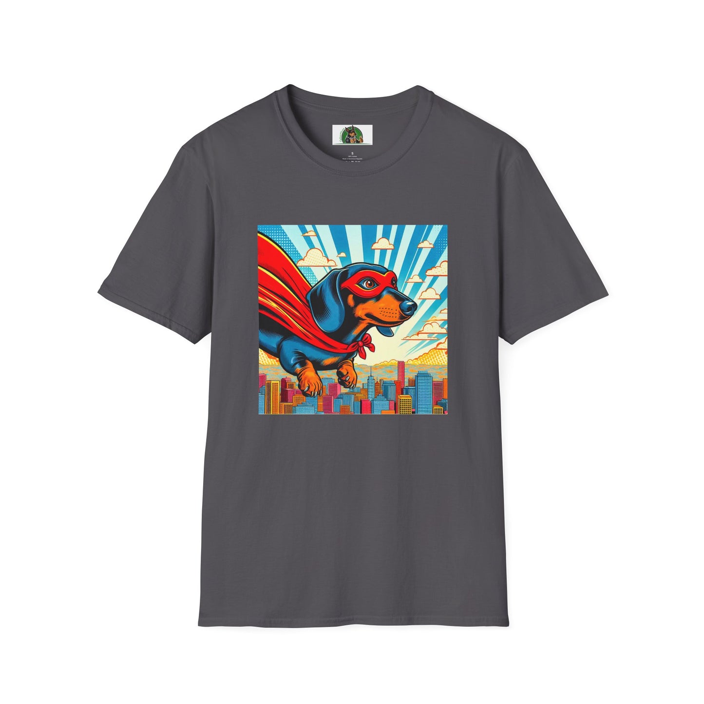 Dachshund flying superhero t shirt T-Shirt Printify Charcoal S