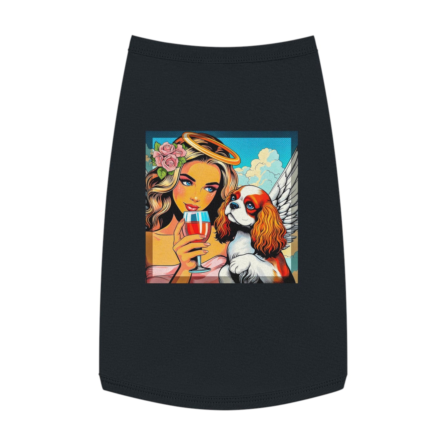 Pet Tank Top Cavalier King Charles Spaniel Angel sipping Wine T Shirt Pets Printify