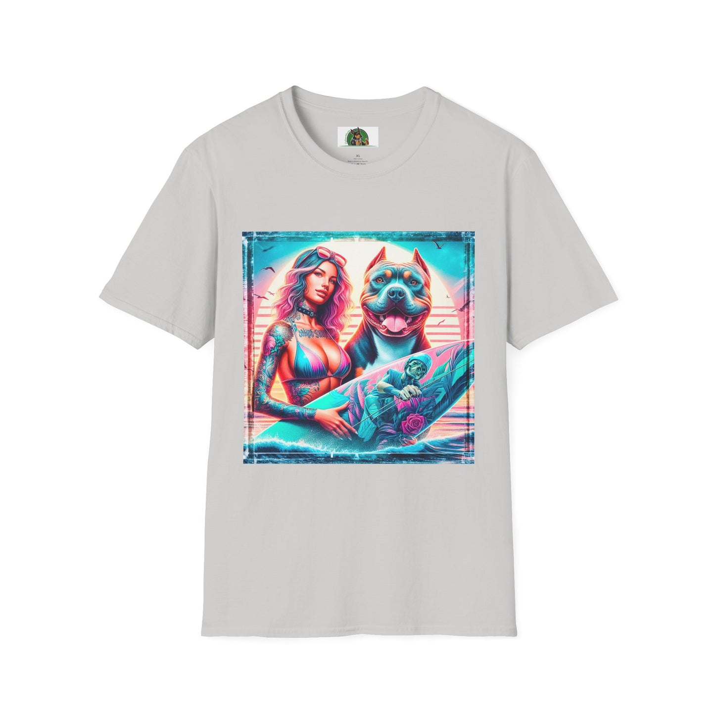 Pit Bull surfer and girl T-Shirt Printify S Ice Grey