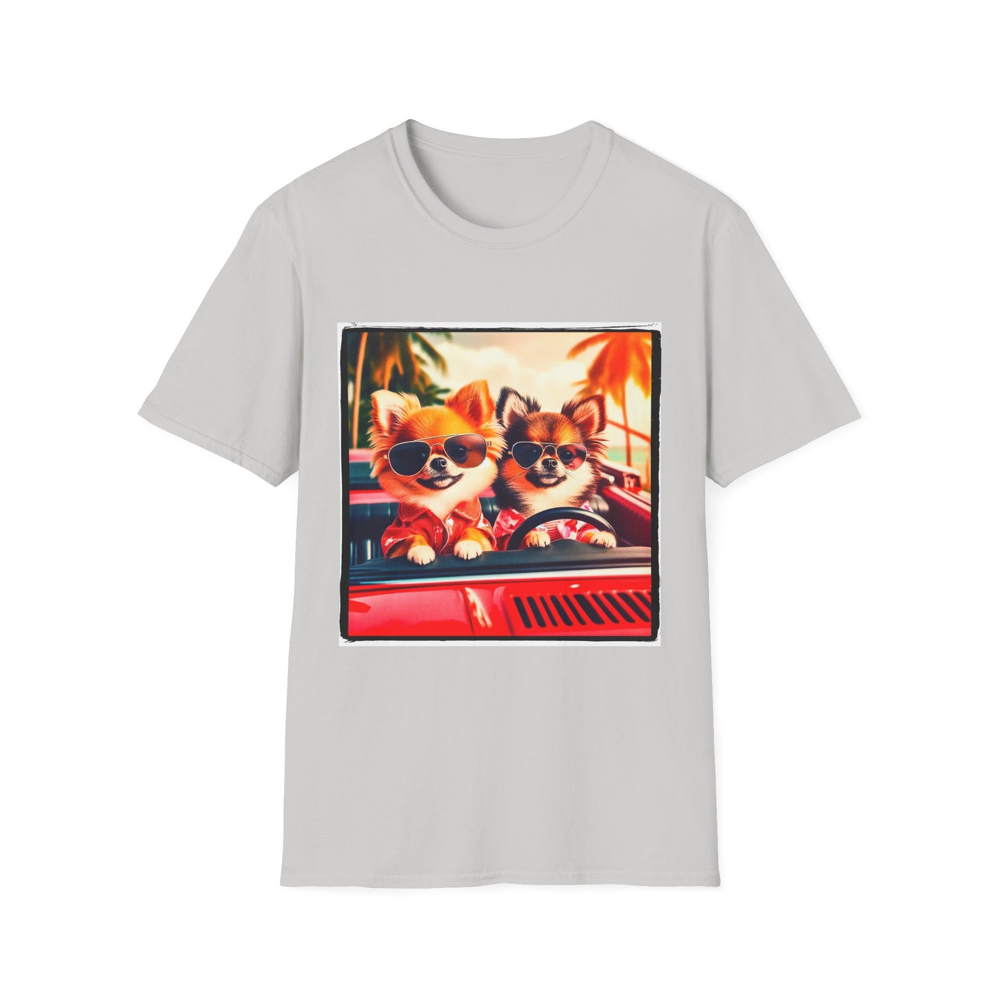 Chihuahua driving beach scene t shirt T-Shirt Printify S Ice Grey