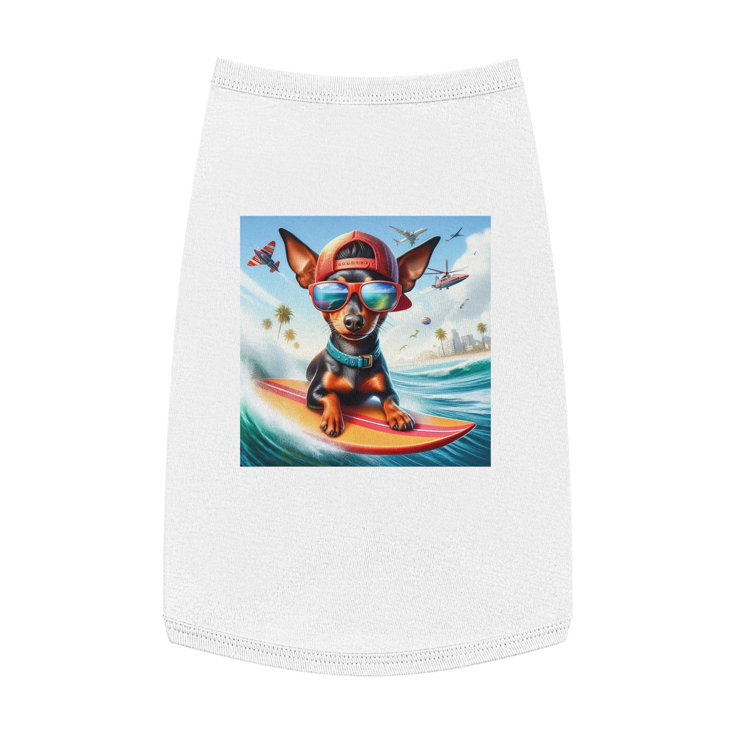 Min Pin Tank Tops surfer puppy dog Pets Printify L White