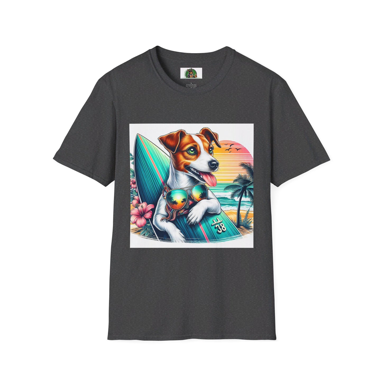 Jack Russell Sunset Surfer T-Shirt Printify S Dark Heather