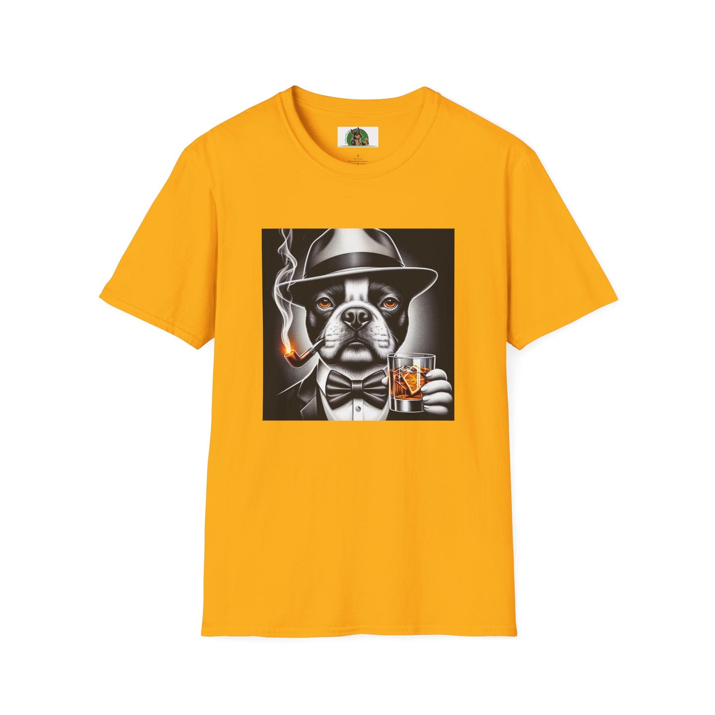 Boston Terrier Dog Smoking Pipe Drinking Whiskey T-Shirt Printify S Gold