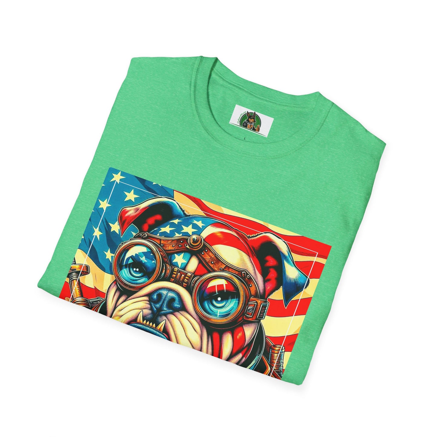Bulldog Steampunk American Flag T-Shirt Printify