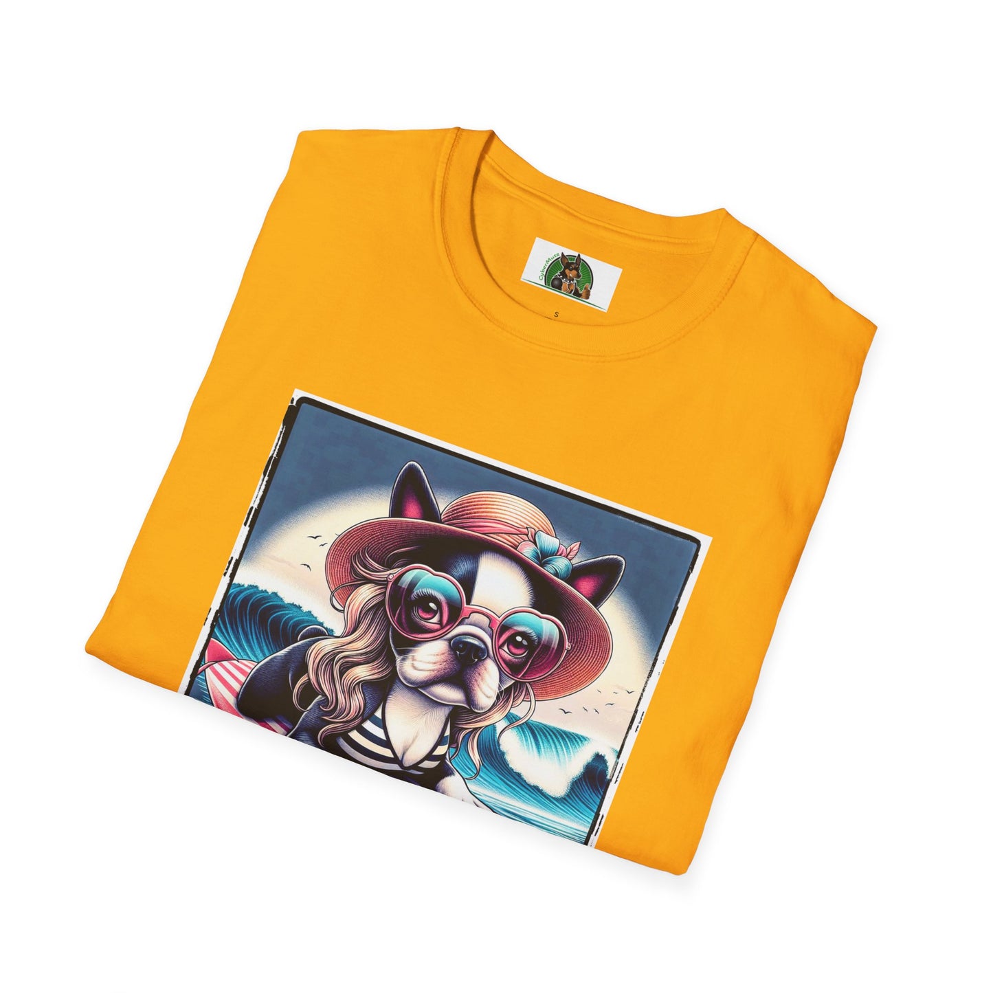 Boston Terrier Blonde Surfer Girl Dog T-Shirt Printify