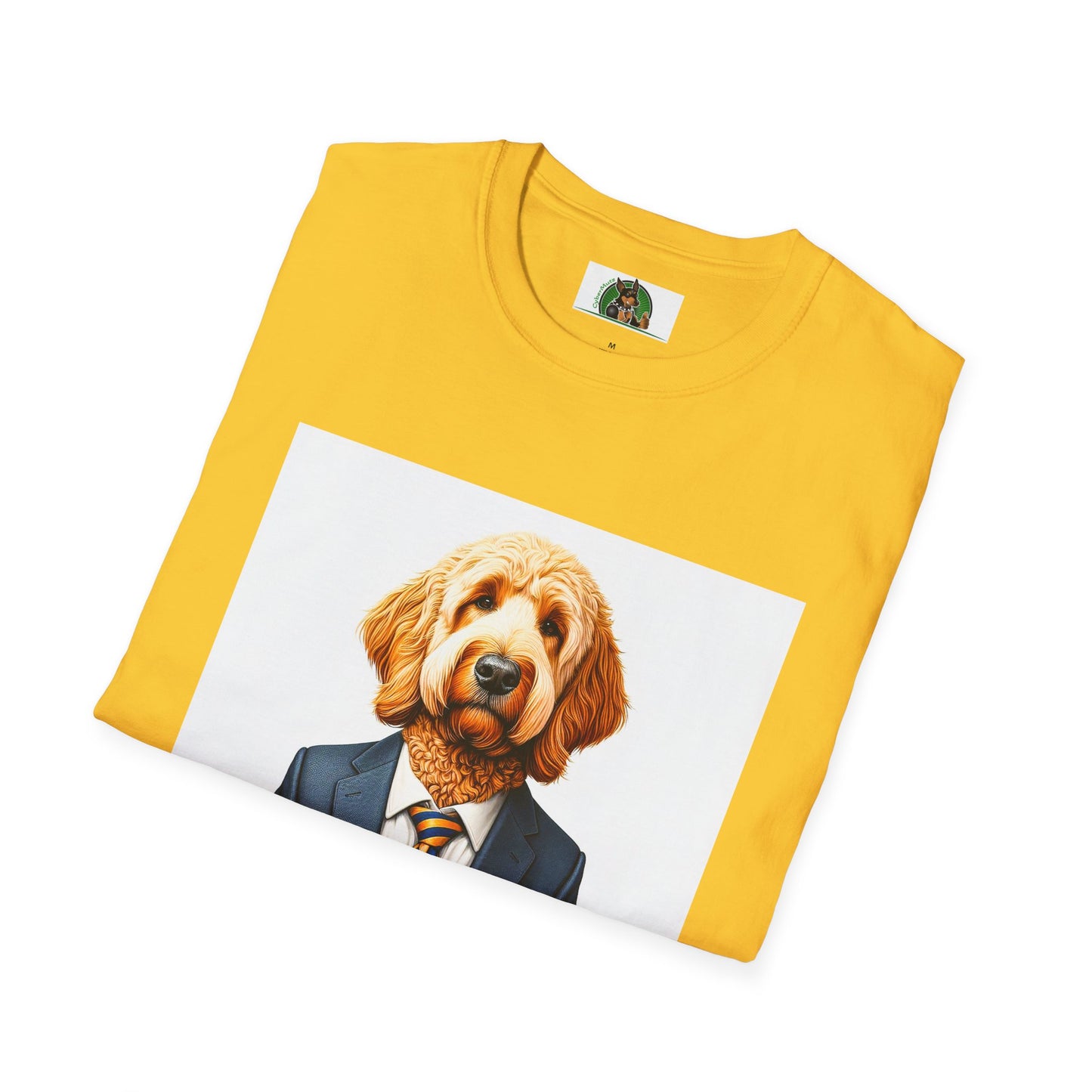 Golden Doodle sitting businessman