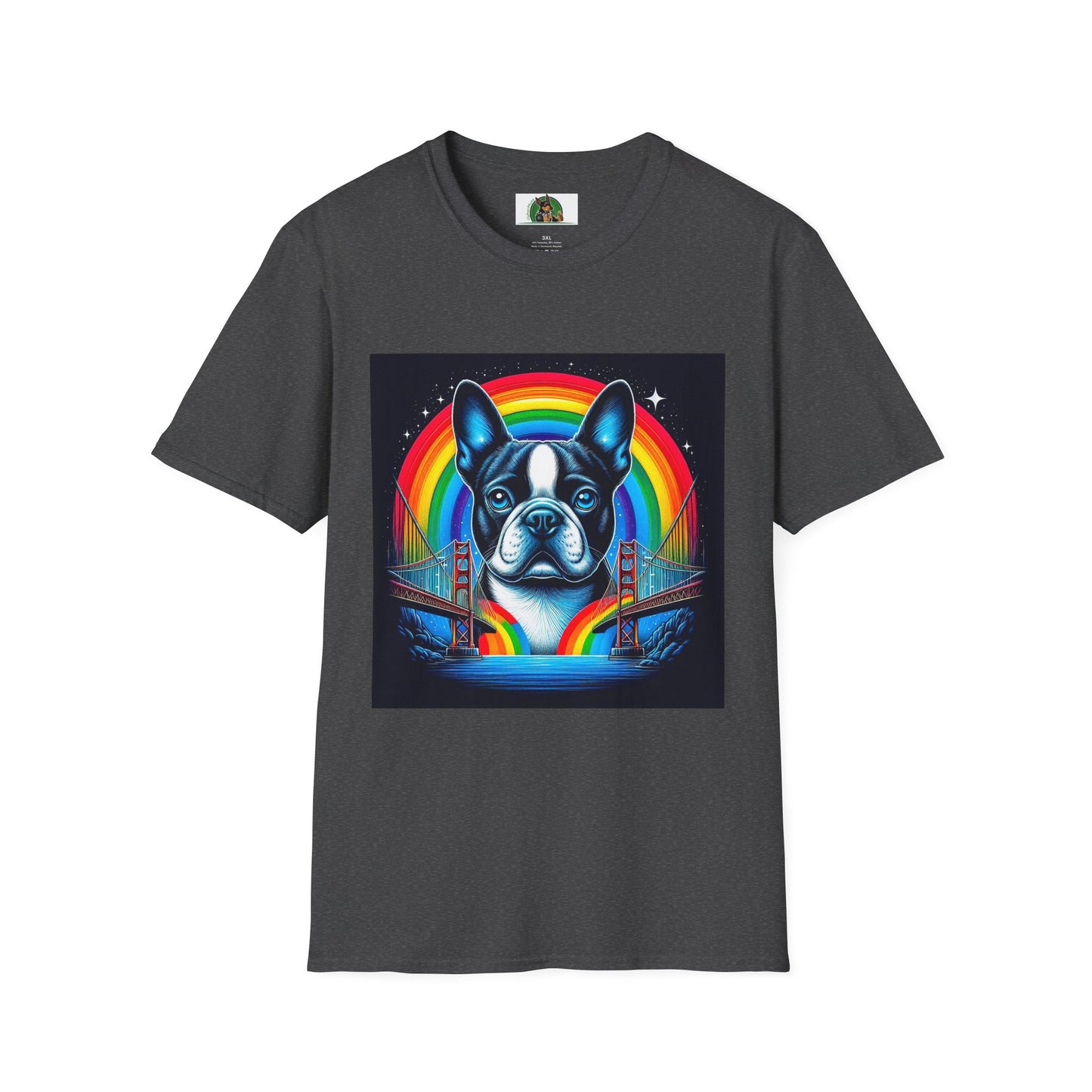 Boston Terrier Dog Overlooking Rainbow Bridge T-Shirt Printify XS Dark Heather
