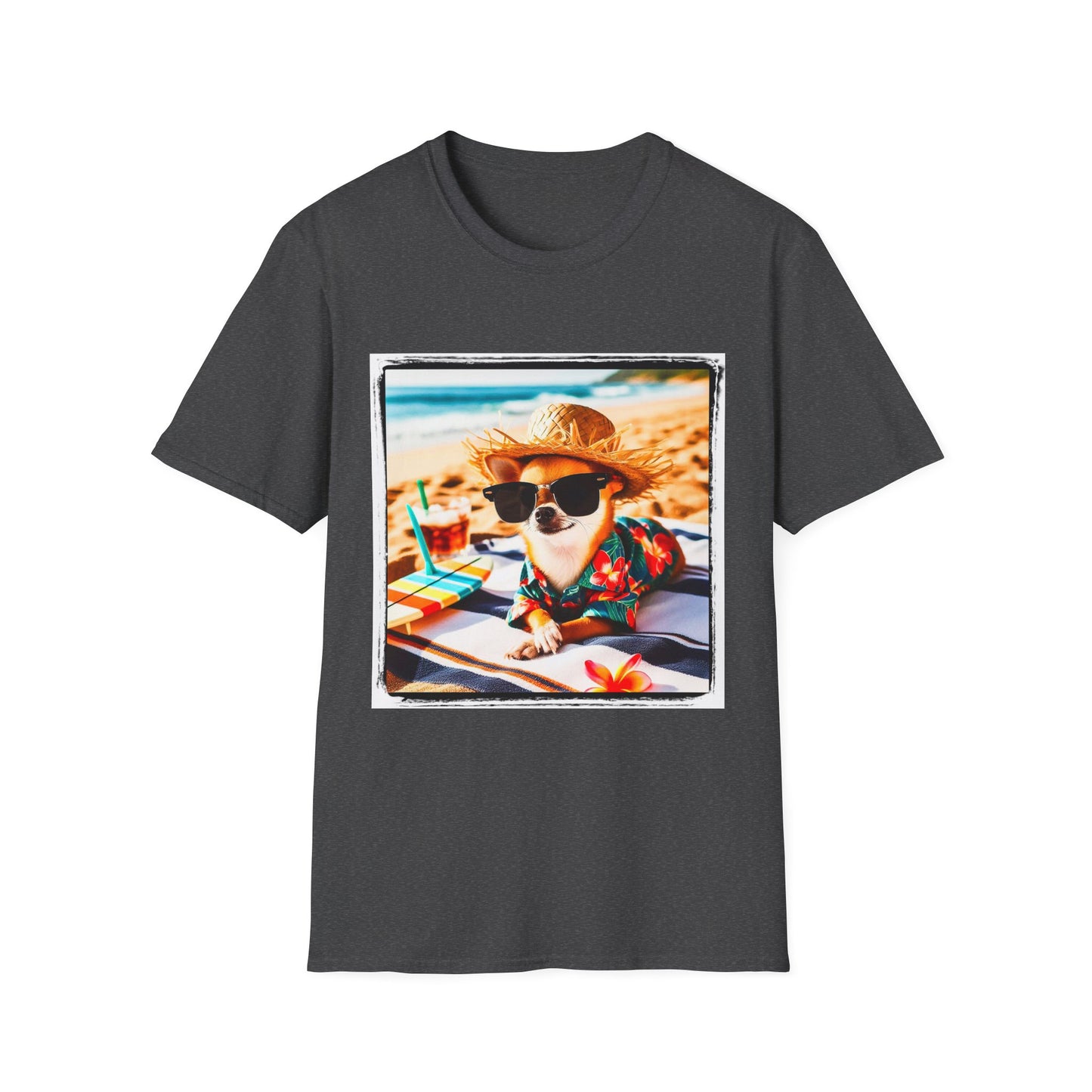 Chihuahua beach scene t shirt T-Shirt Printify XS Dark Heather