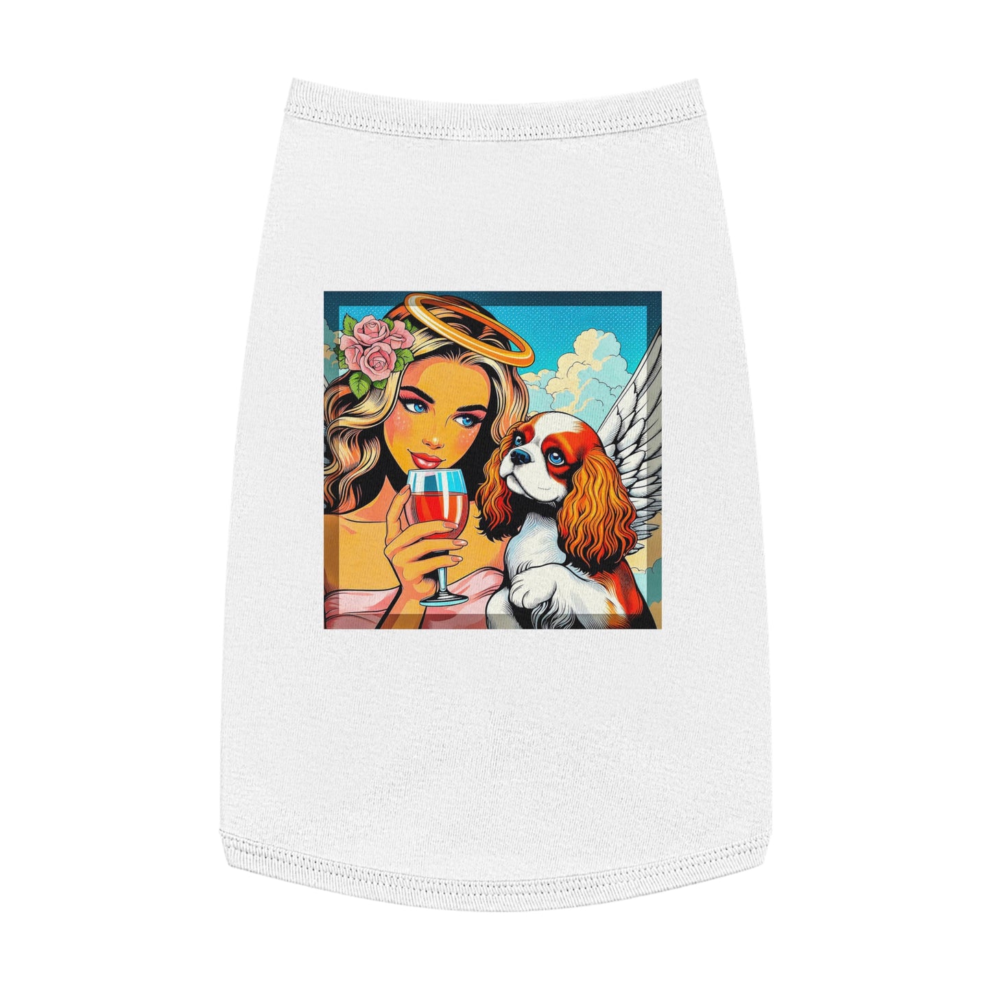 Pet Tank Top Cavalier King Charles Spaniel Angel sipping Wine T Shirt Pets Printify L White