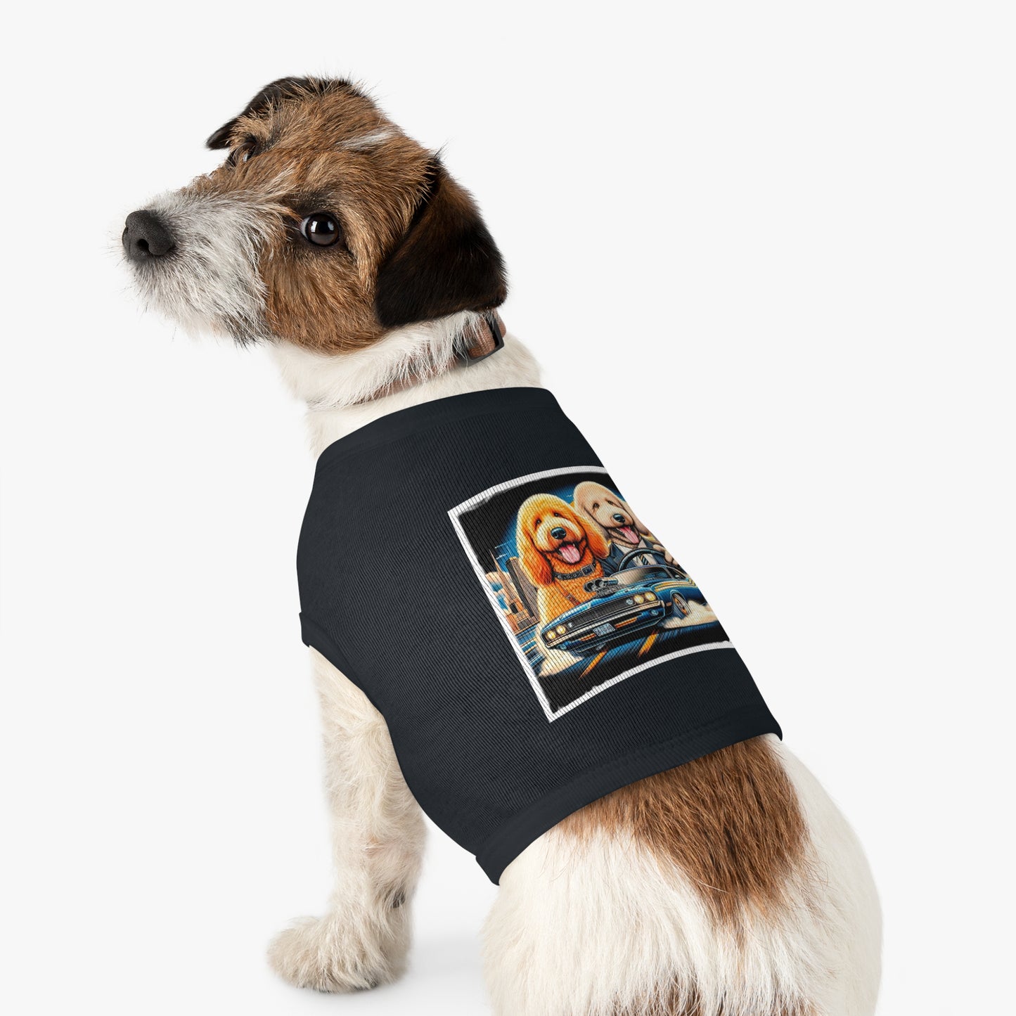 Pet Tank Golden Doodle driving fun t shirt Pets Printify