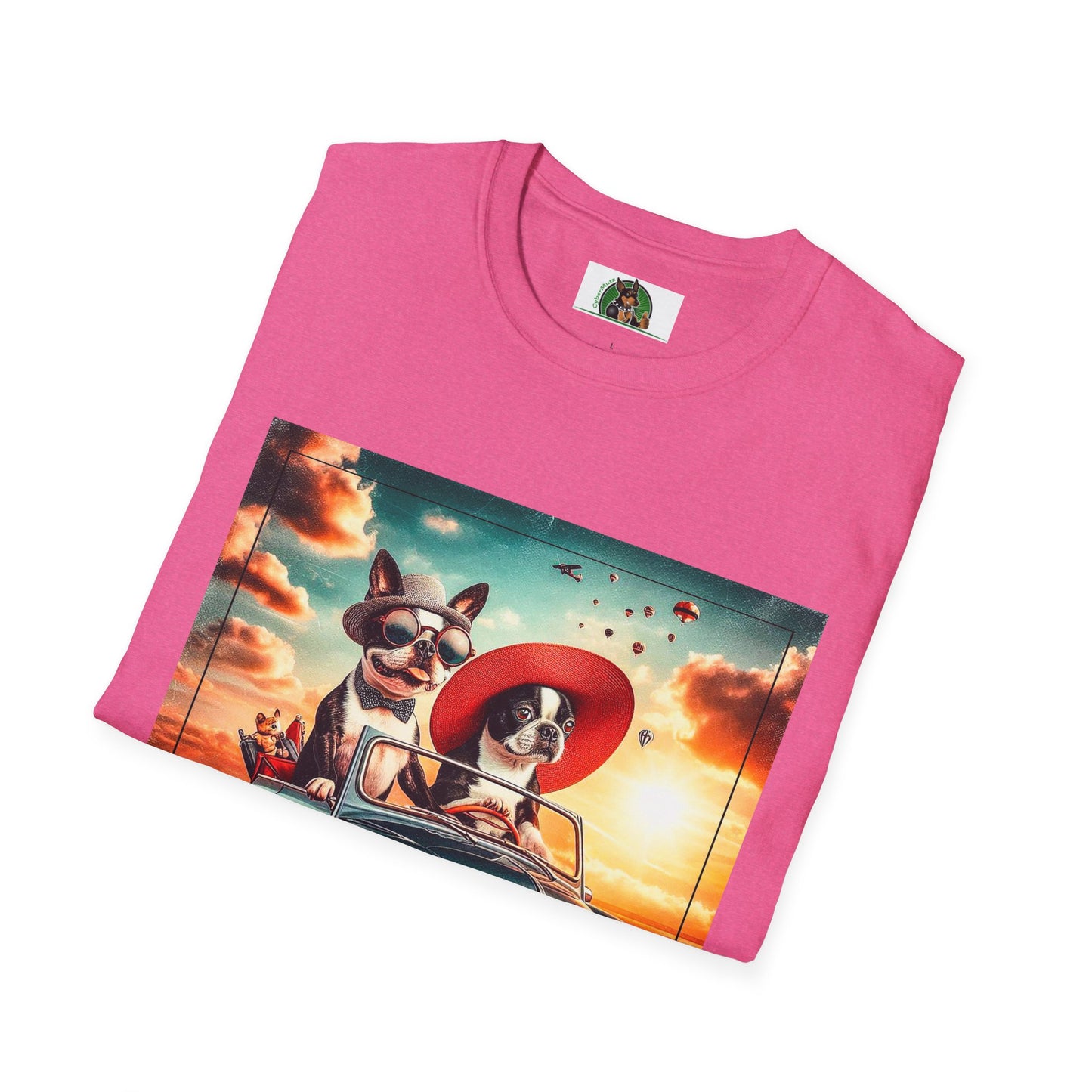 Wacky Boston Terrier Dogs Driving At Sunset Shirt T-Shirt Printify