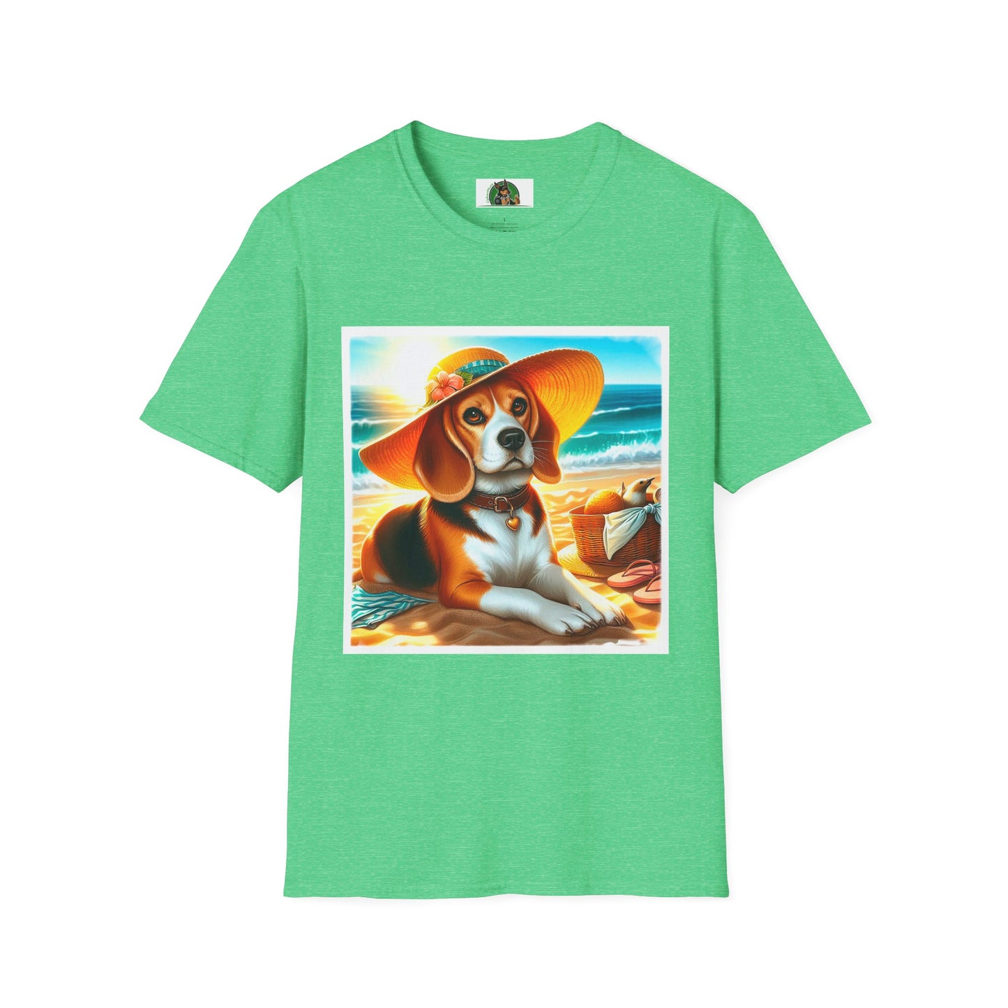 Beagle Girl Dog Wearing Sun Hat At Beach T-Shirt Printify S Heather Irish Green