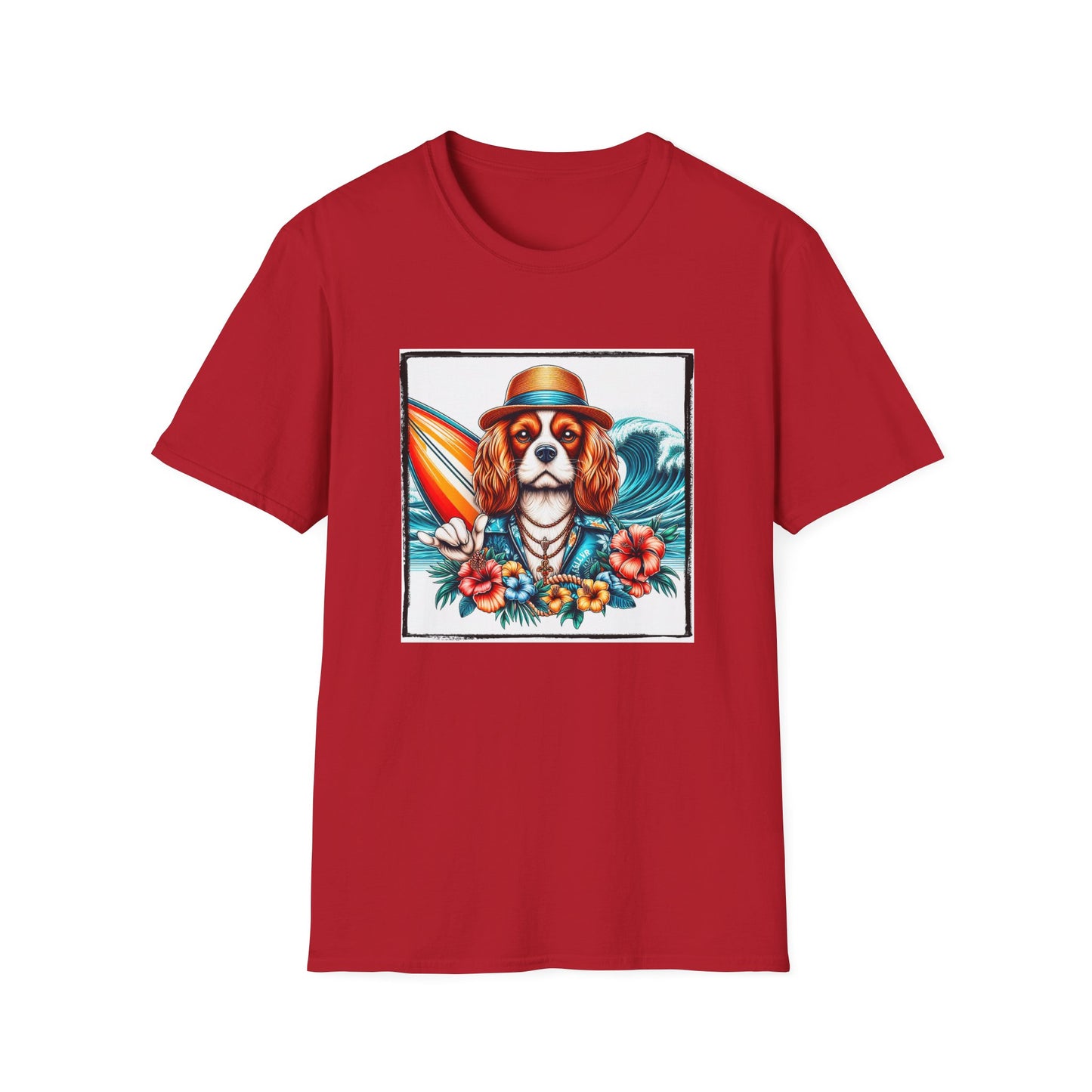 Cavalier King Charles Spaniel Hang Ten Surfer Dog TShirt T-Shirt Printify S Cherry Red