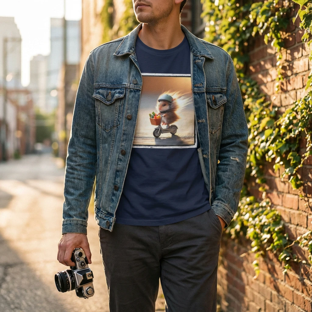 Man in denim jacket wearing a navy graphic tee featuring a wacky mouse on a scooter in a sunny urban alley. Generated by dondo.com