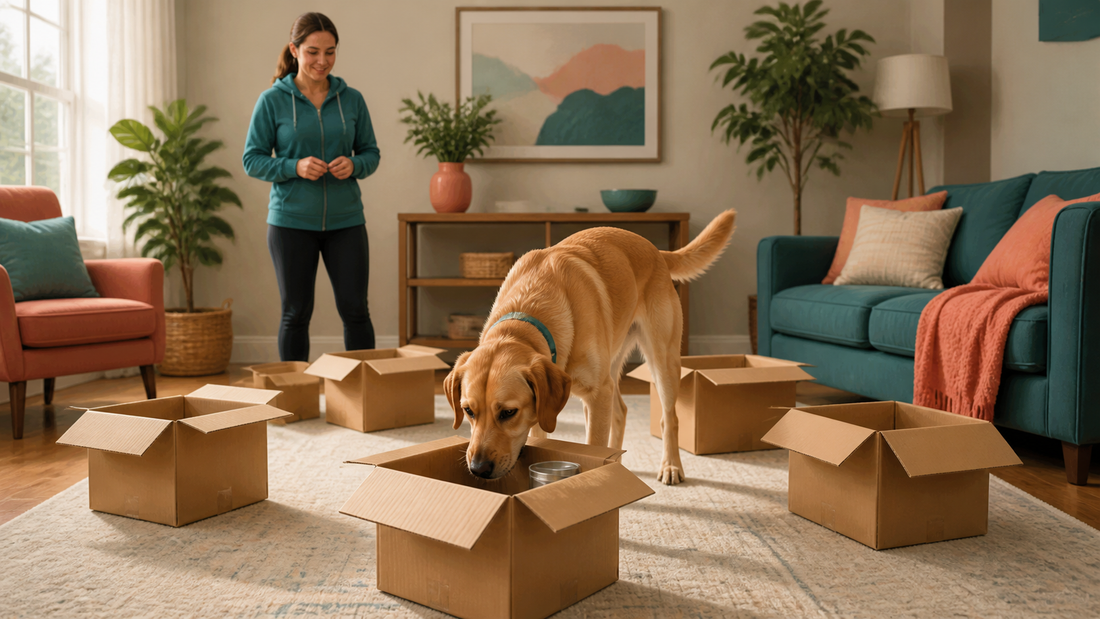 Dog practicing a beginner cardboard box nose-work search