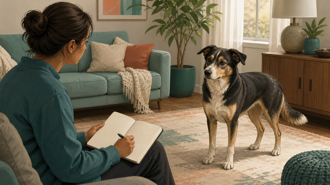 Owner observing dog body language and keeping a journal