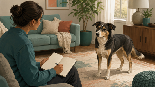 Owner observing dog body language and keeping a journal