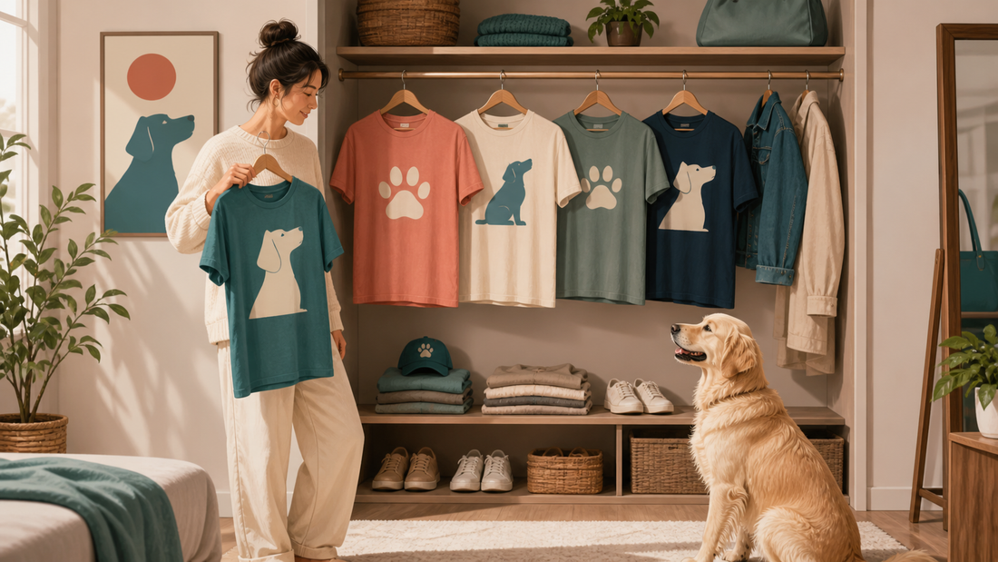 Coordinated dog-lover capsule wardrobe with a dog nearby