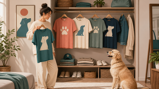 Coordinated dog-lover capsule wardrobe with a dog nearby