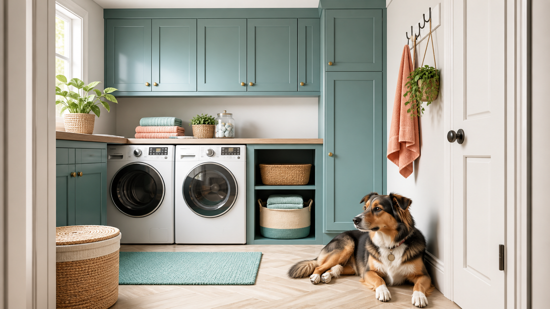 Dog-safe laundry room with secured storage and a calm dog