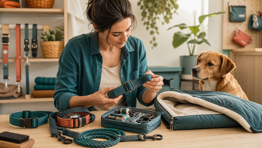Owner inspecting durable dog gear and repair details