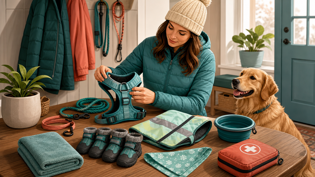Owner inspecting seasonal dog gear with a dog nearby