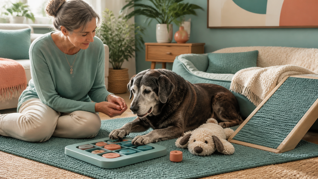 Senior dog enjoying accessible low-impact play at home
