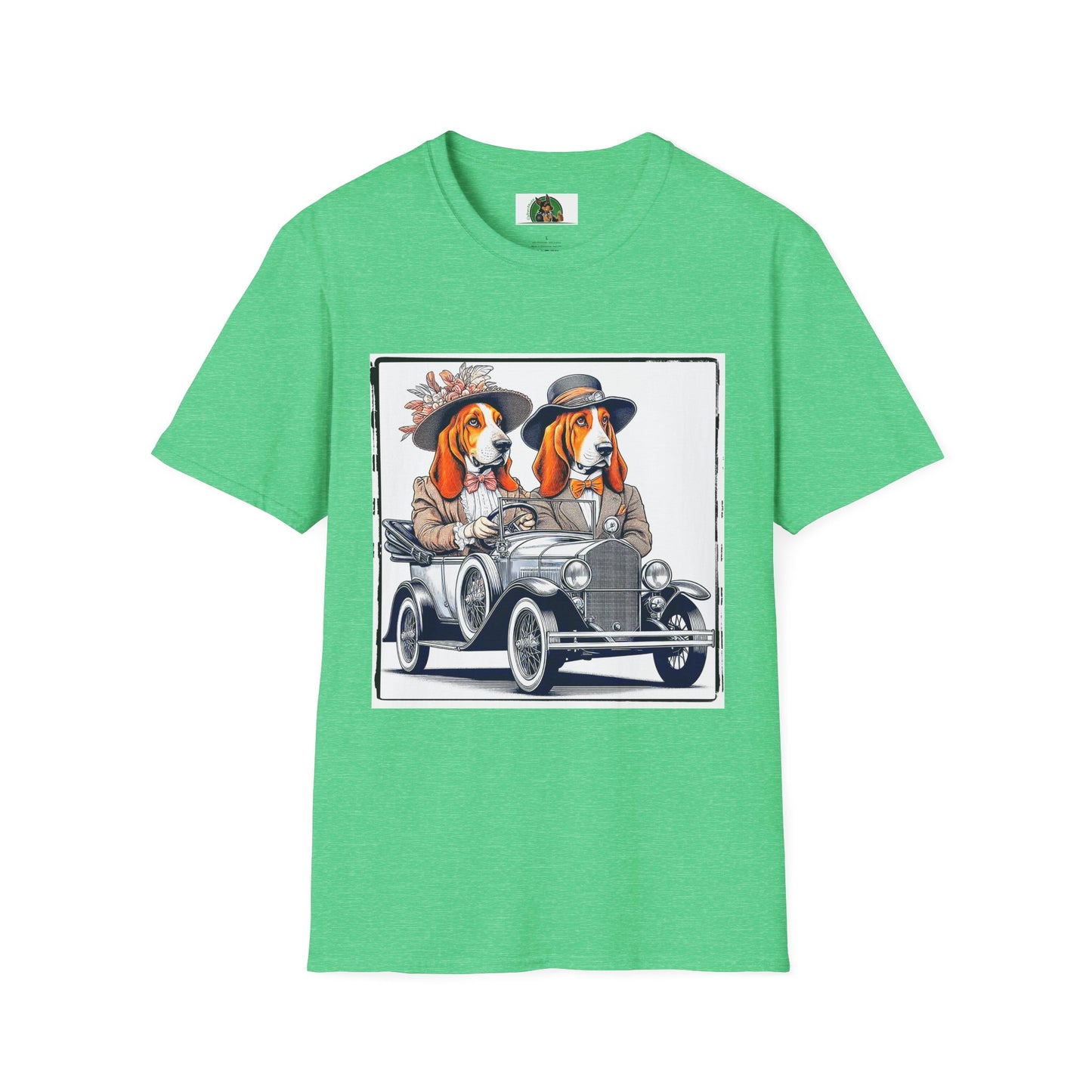 Wacky Basset Hound Couple Riding In Old Car T-Shirt Printify S Heather Irish Green